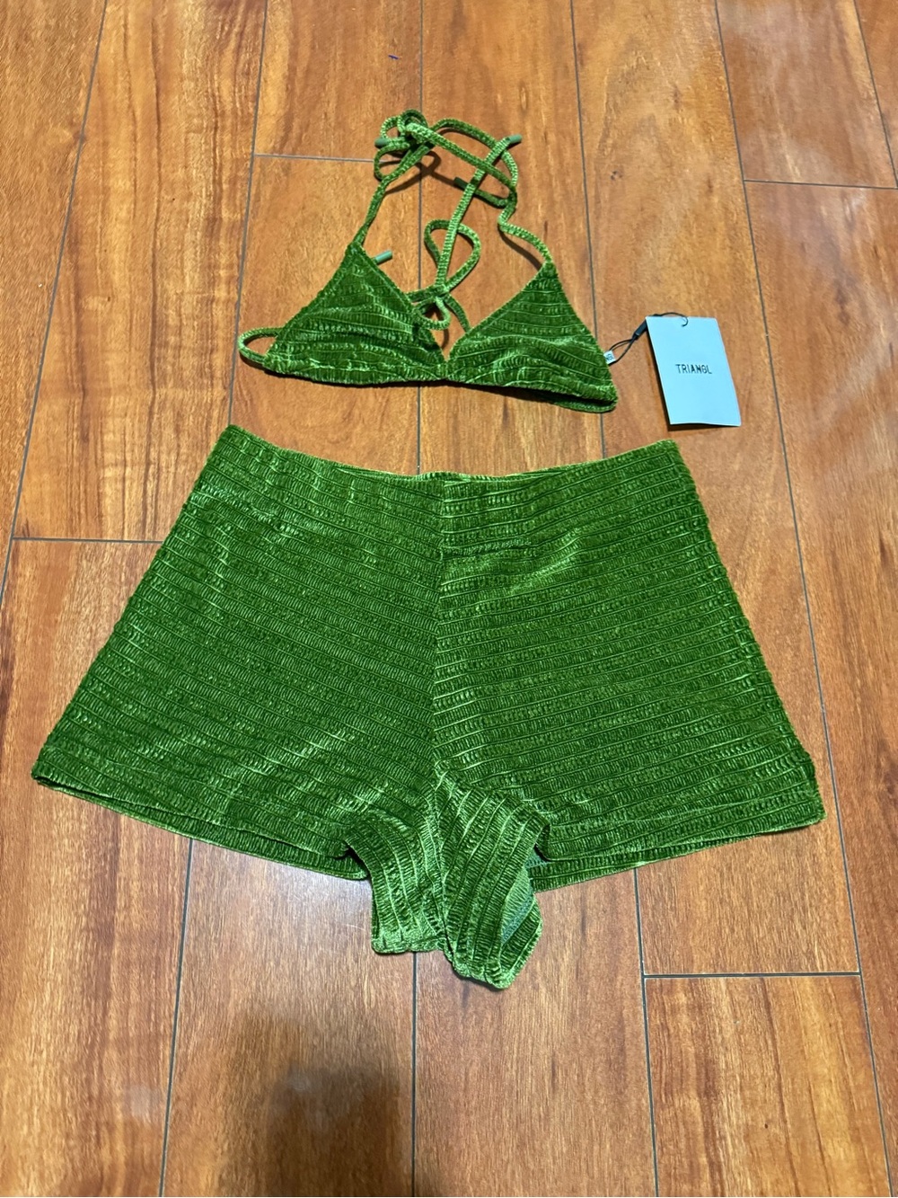 REPOP triangl swimwear Green Velvet Textured Bikini Top & Shorts Set